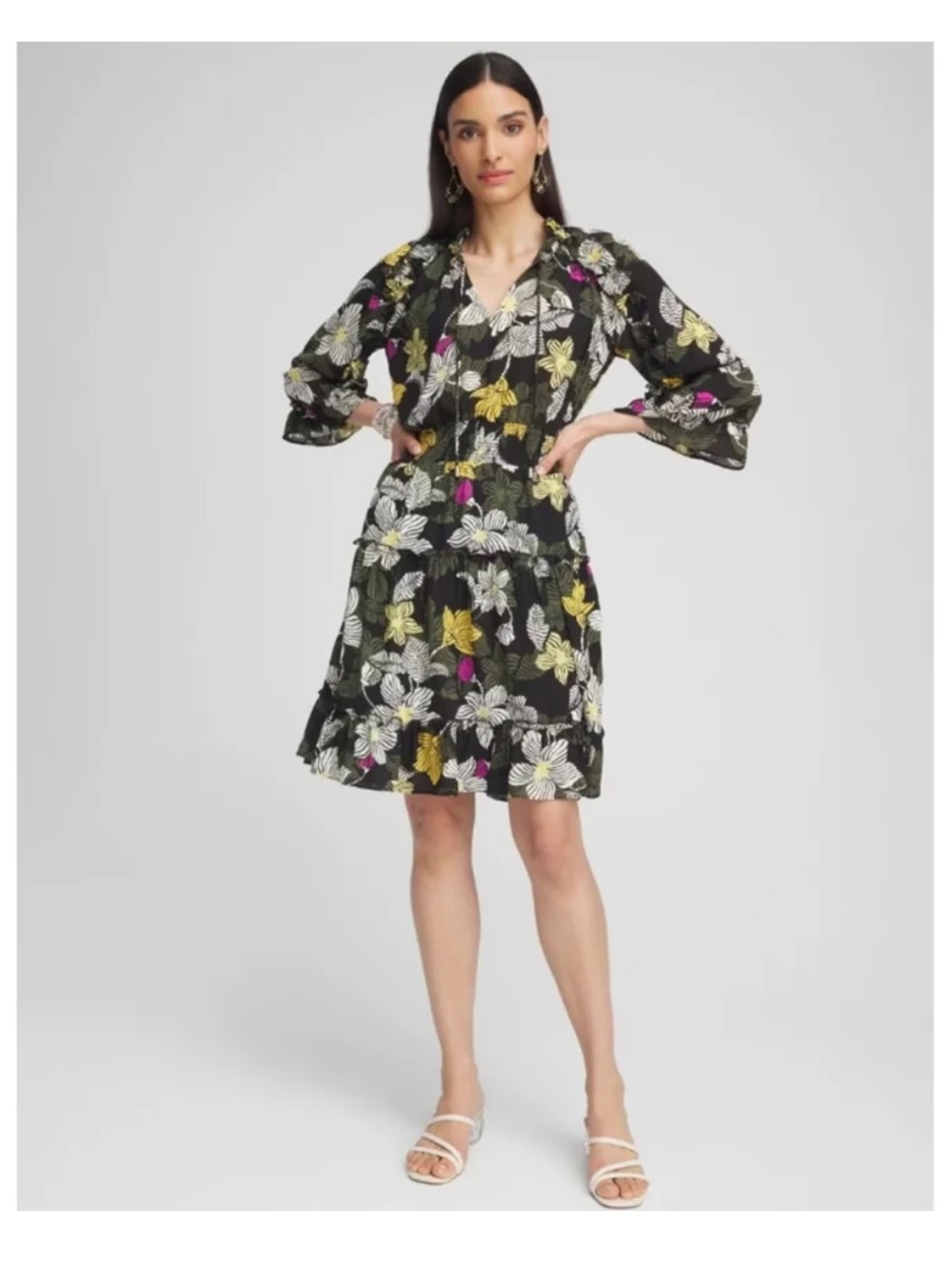 Chico’s NWOT Black Botanical Floral V-Neck Tiered Dress with Puff Sleeves Sz 12